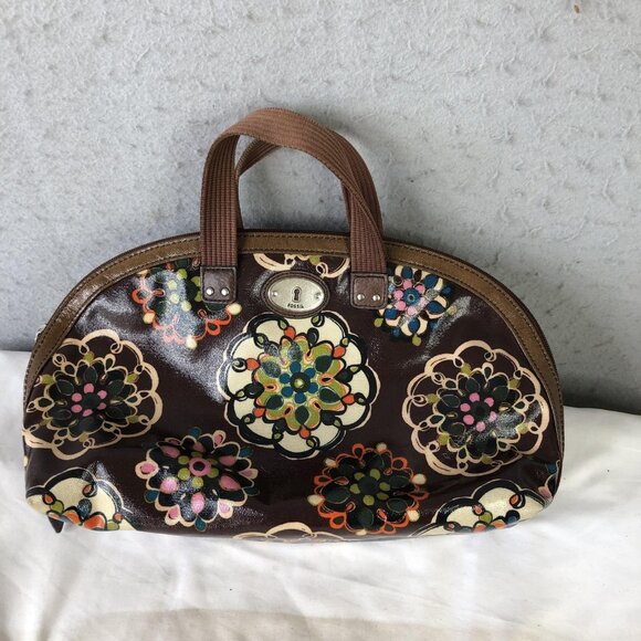 Fossil Handbags - Fossil Key Per Satchel Handbag Womens Brown Floral PVC Top Handle Bag Retro 70s